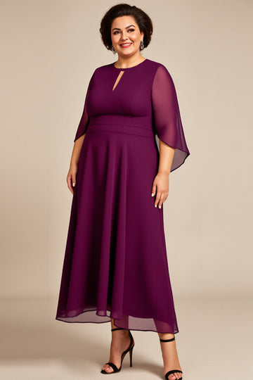 Chiffon A Line Purple Tea Length Plus Size Mother Of The Bride Dress